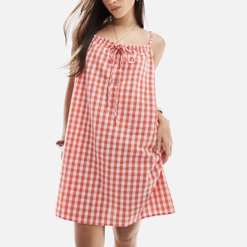 Vero Moda Pink Red Gingham Seersucker Mini Dress L/XL Cotton Cottagecore